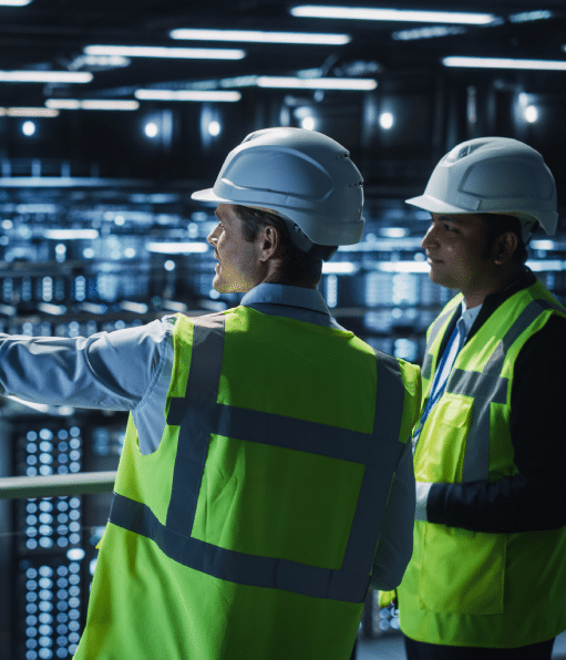 Two safety management professionals wearing white hard hats and green vests conducting a data center facility assessment. 