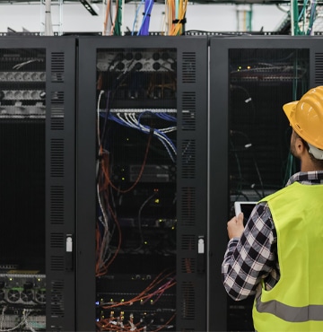 Haztek Inc. - A safety consulting firm representative wearing a hard hat and vest, analyzing wiring to ensure exemplary construction safety.