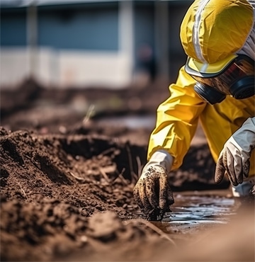 Haztek Inc. construction safety company professional examining soil while wearing mask and protective equipment.