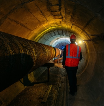 Professional from safety consulting firm Haztek Inc. working in a tunnel wearing hard hat and vest.