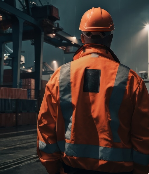 Health and safety consulting firm worker surveying construction site at night.