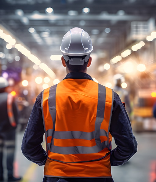 Safety professional wearing orange vest and hard hat while surveying work in progress.