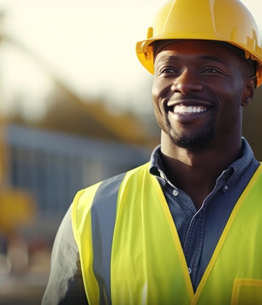 Pharmaceutical facility safety management professional smiling while wearing vest and hard hat.