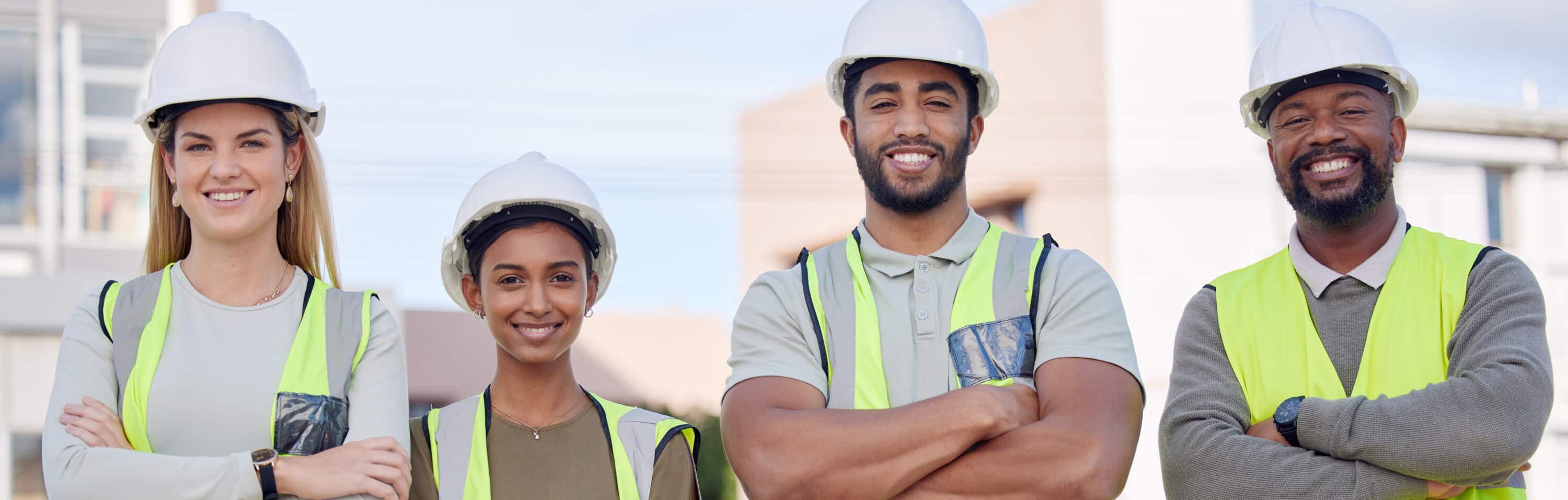 HazTek Diversity Statement: United in Safety - Four site safety managers from diverse nationalities pose with arms crossed, exemplifying HazTek's commitment to inclusivity and safety.
